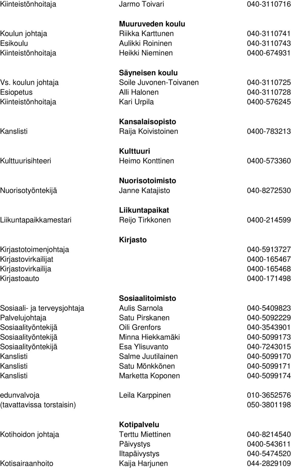 koulun johtaja Soile Juvonen-Toivanen 040-3110725 Esiopetus Alli Halonen 040-3110728 Kiinteistönhoitaja Kari Urpila 0400-576245 Kansalaisopisto Kanslisti Raija Koivistoinen 0400-783213 Kulttuuri