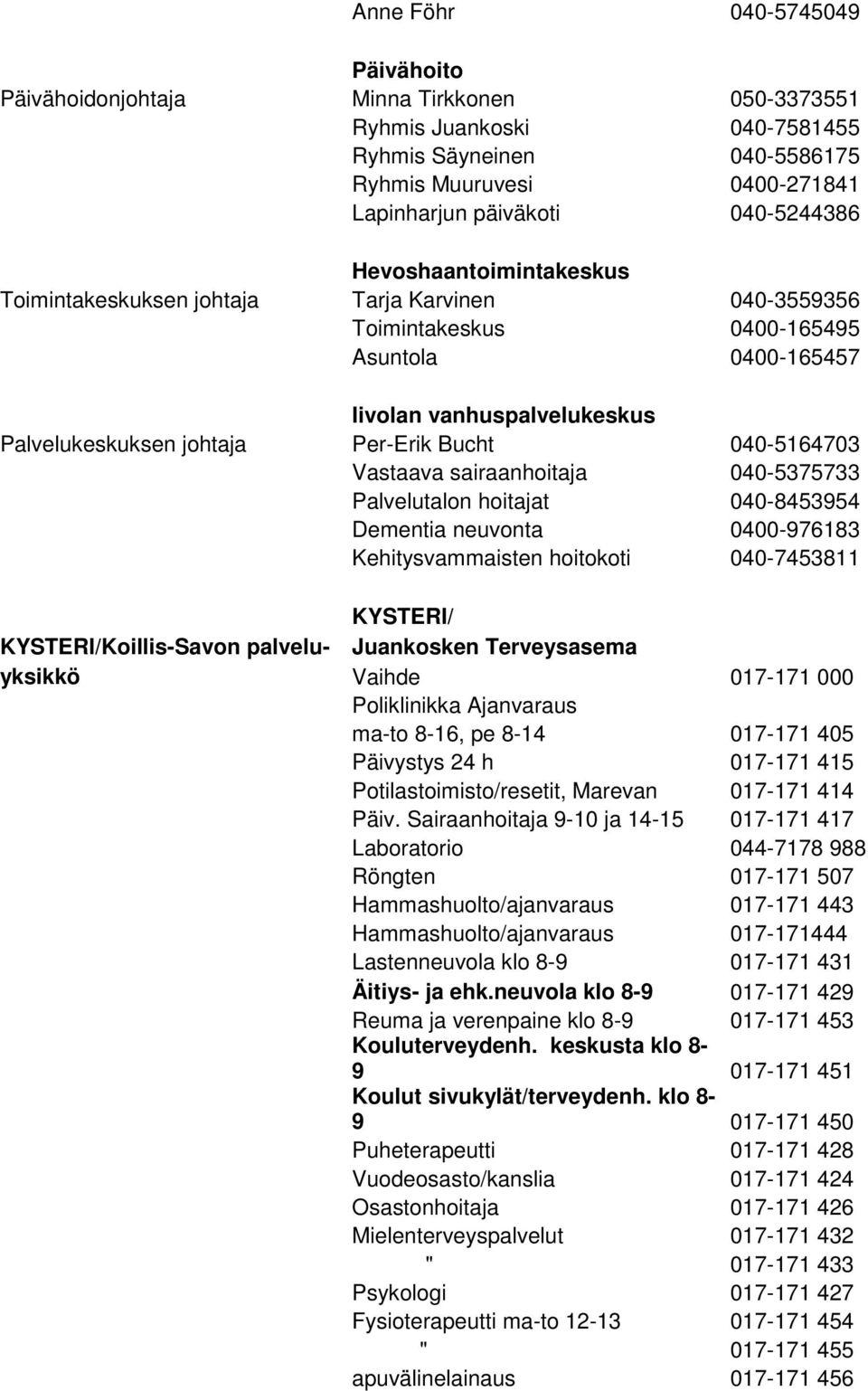 Bucht 040-5164703 Vastaava sairaanhoitaja 040-5375733 Palvelutalon hoitajat 040-8453954 Dementia neuvonta 0400-976183 Kehitysvammaisten hoitokoti 040-7453811 KYSTERI/ KYSTERI/Koillis-Savon palvelu-