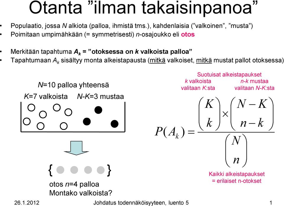 palloa Tapahtumaan A k sisältyy monta alkeistapausta (mitkä valkoiset, mitkä mustat pallot otoksessa) N=10 palloa yhteensä K=7 valkoista N-K=3 mustaa { }