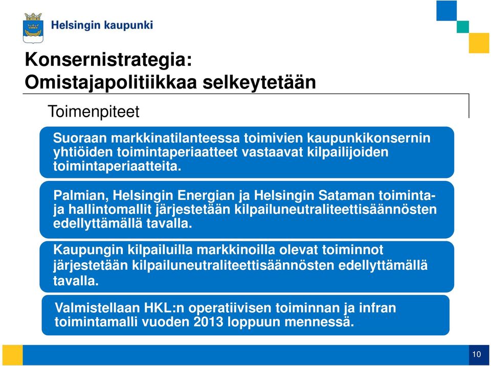 Palmian, Helsingin Energian ja Helsingin Sataman toimintaja hallintomallit järjestetään kilpailuneutraliteettisäännösten edellyttämällä