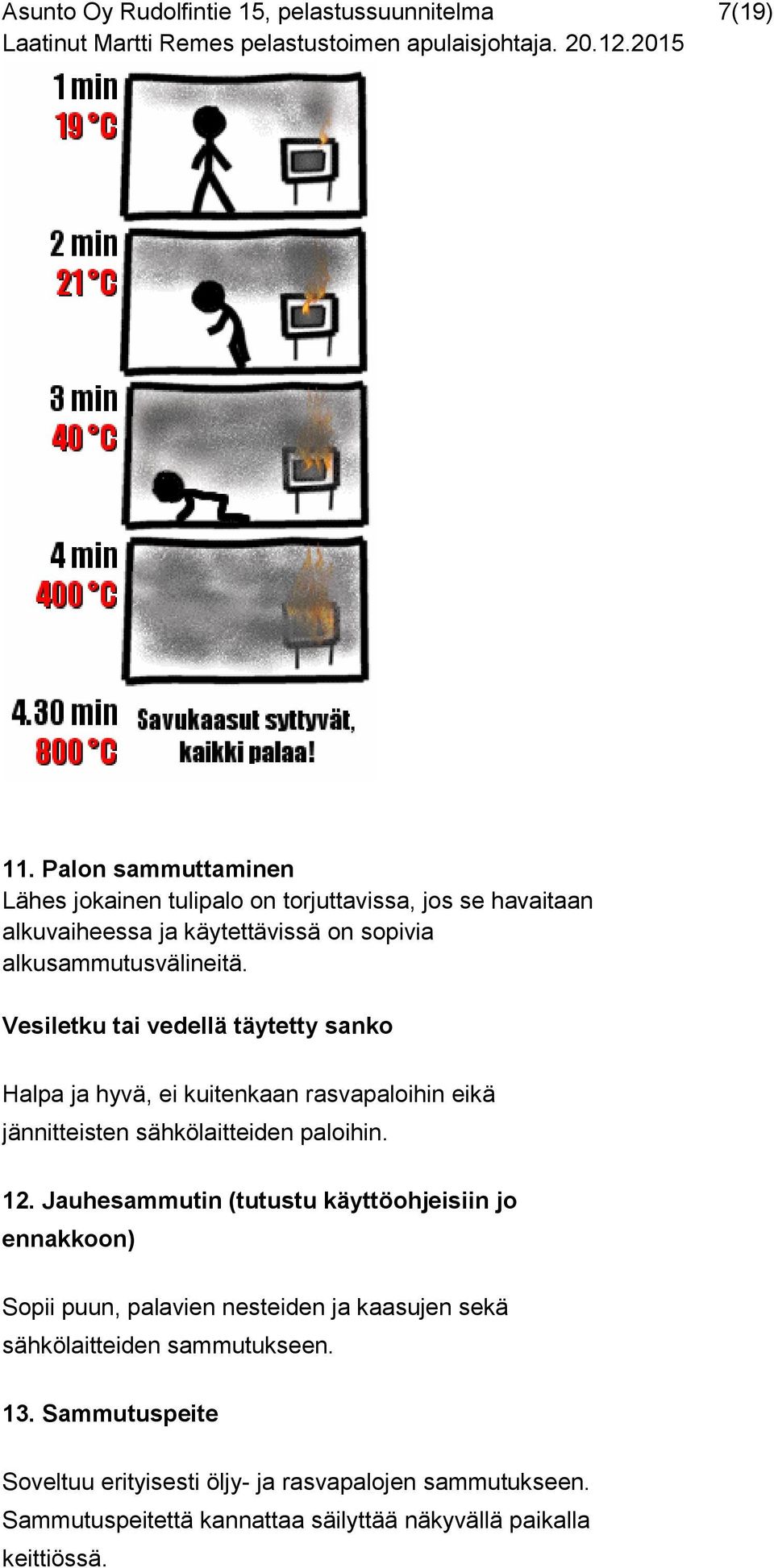 Vesiletku tai vedellä täytetty sanko Halpa ja hyvä, ei kuitenkaan rasvapaloihin eikä jännitteisten sähkölaitteiden paloihin. 12.