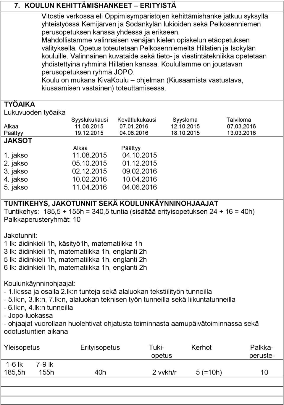 Opetus toteutetaan Pelkosenniemeltä Hillatien ja Isokylän kouluille. Valinnainen kuvataide sekä tieto- ja viestintätekniikka opetetaan yhdistettyinä ryhminä Hillatien kanssa.