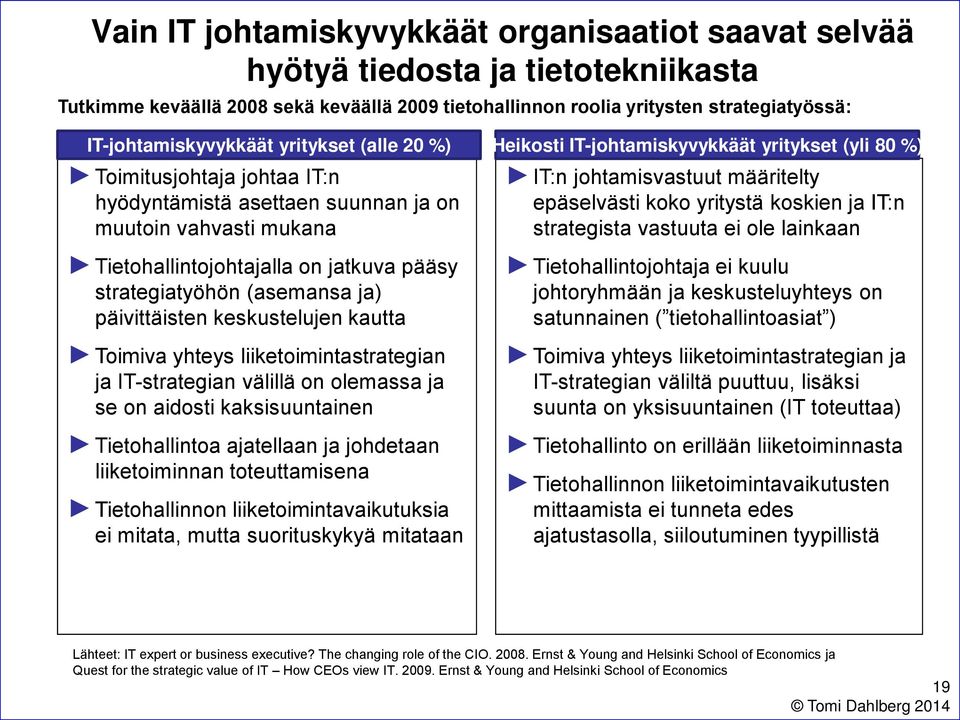 ja) päivittäisten keskustelujen kautta Toimiva yhteys liiketoimintastrategian ja IT-strategian välillä on olemassa ja se on aidosti kaksisuuntainen Tietohallintoa ajatellaan ja johdetaan