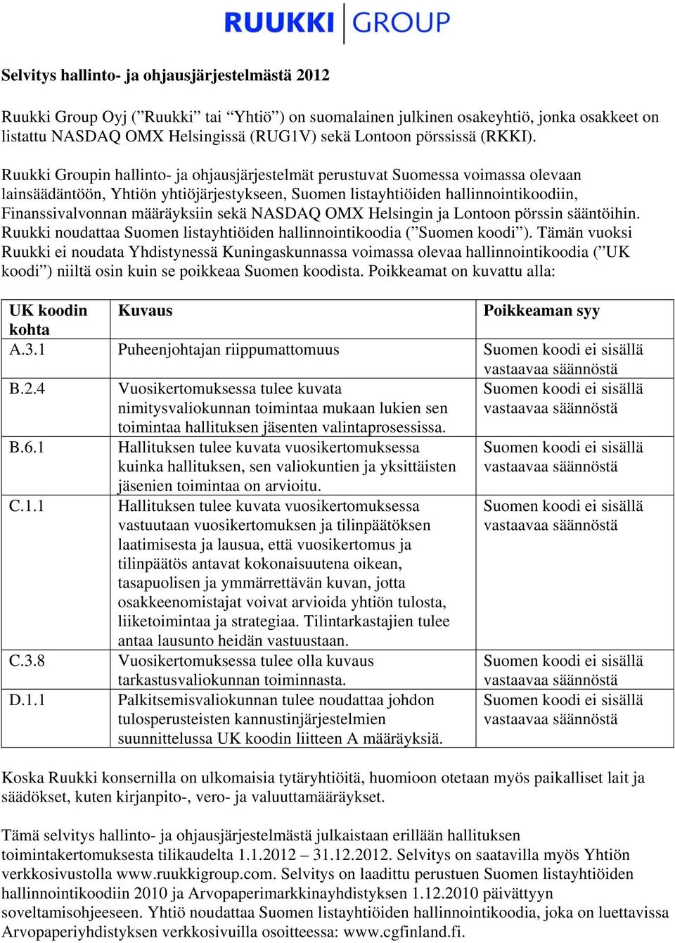 Ruukki Groupin hallinto- ja ohjausjärjestelmät perustuvat Suomessa voimassa olevaan lainsäädäntöön, Yhtiön yhtiöjärjestykseen, Suomen listayhtiöiden hallinnointikoodiin, Finanssivalvonnan määräyksiin