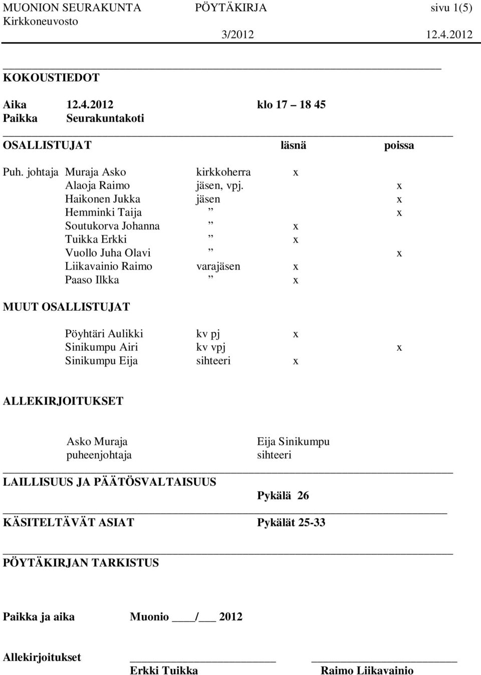 x Haikonen Jukka jäsen x Hemminki Taija x Soutukorva Johanna x Tuikka Erkki x Vuollo Juha Olavi x Liikavainio Raimo varajäsen x Paaso Ilkka x MUUT OSALLISTUJAT