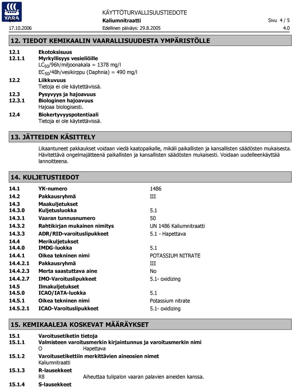 JÄTTEIDEN KÄSITTELY Likaantuneet pakkaukset voidaan viedä kaatopaikalle, mikäli paikallisten ja kansallisten säädösten mukaisesta.