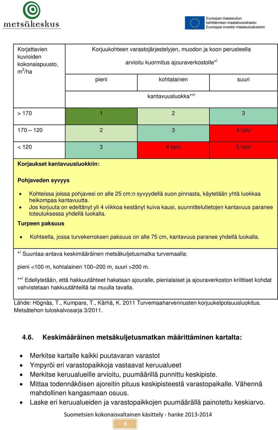 kantavuutta. Jos korjuuta on edeltänyt yli 4 viikkoa kestänyt kuiva kausi, suunnittelutietojen kantavuus paranee toteutuksessa yhdellä luokalla.