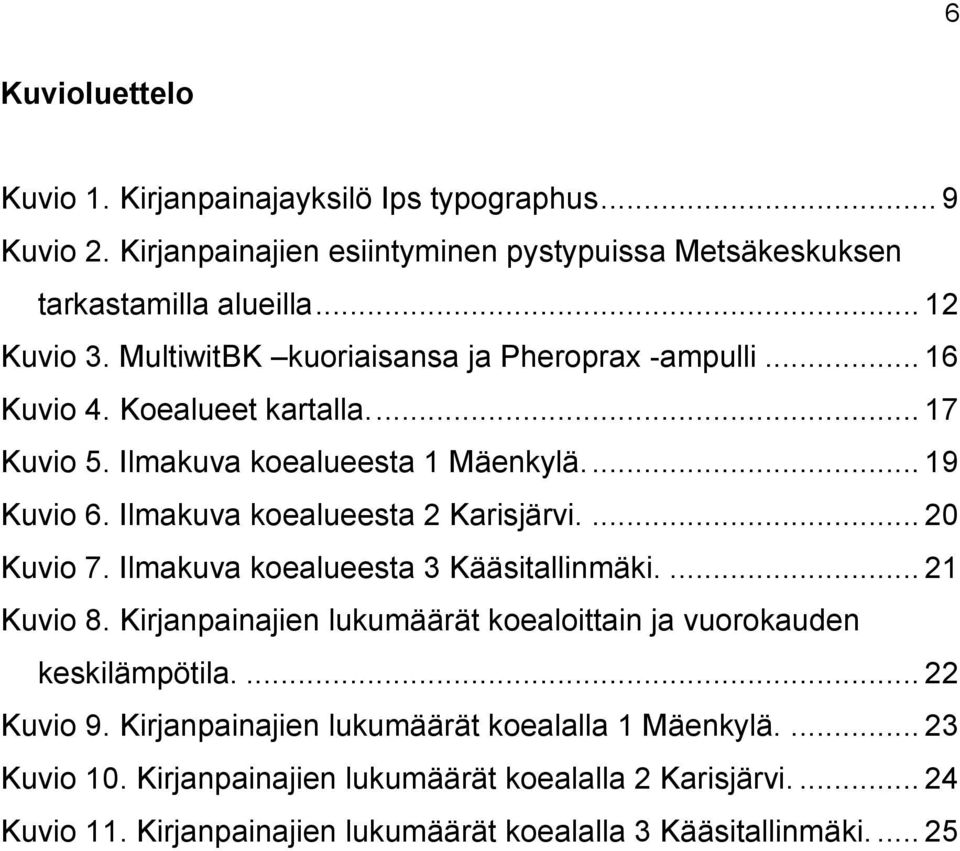 Ilmakuva koealueesta 2 Karisjärvi.... 20 Kuvio 7. Ilmakuva koealueesta 3 Kääsitallinmäki.... 21 Kuvio 8. Kirjanpainajien lukumäärät koealoittain ja vuorokauden keskilämpötila.