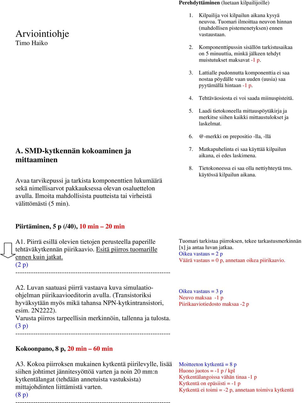 Lattialle pudonnutta komponenttia ei saa nostaa pöydälle vaan uuden (uusia) saa pyytämällä hintaan -1 p. 4. Tehtäväosiosta ei voi saada miinuspisteitä. 5.