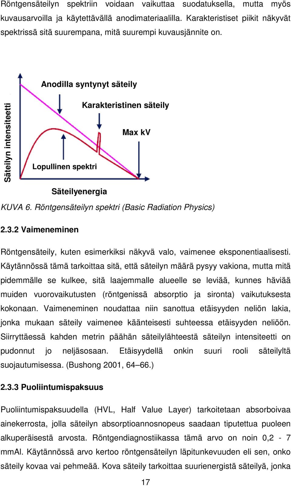 Anodilla syntynyt säteily Säteilyn intensiteetti Karakteristinen säteily Max kv Lopullinen spektri Säteilyenergia KUVA 6. Röntgensäteilyn spektri (Basic Radiation Physics) 2.3.