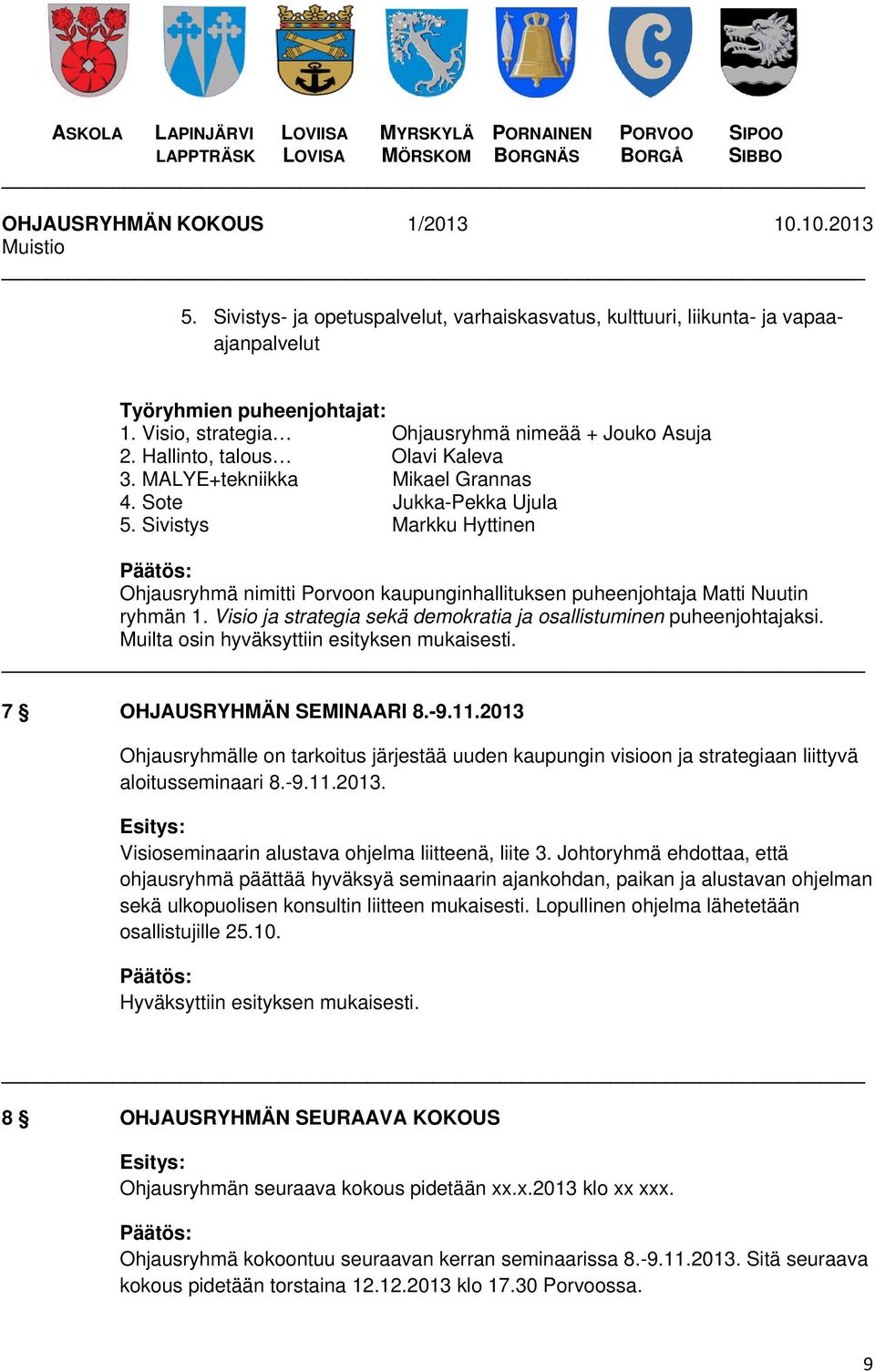 Sivistys Markku Hyttinen Ohjausryhmä nimitti Porvoon kaupunginhallituksen puheenjohtaja Matti Nuutin ryhmän 1. Visio ja strategia sekä demokratia ja osallistuminen puheenjohtajaksi.