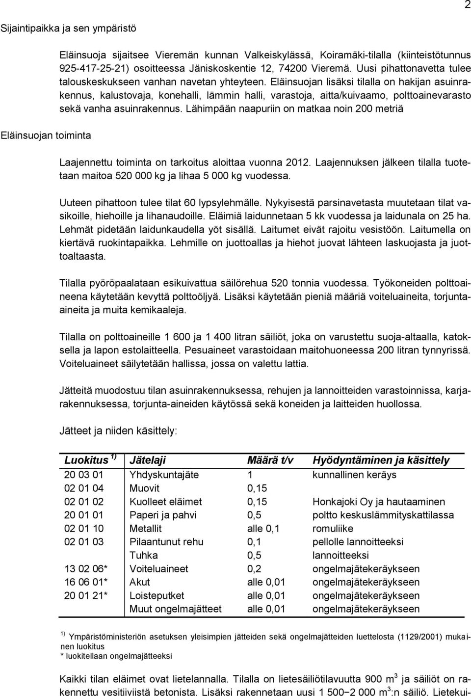 Eläinsuojan lisäksi tilalla on hakijan asuinrakennus, kalustovaja, konehalli, lämmin halli, varastoja, aitta/kuivaamo, polttoainevarasto sekä vanha asuinrakennus.