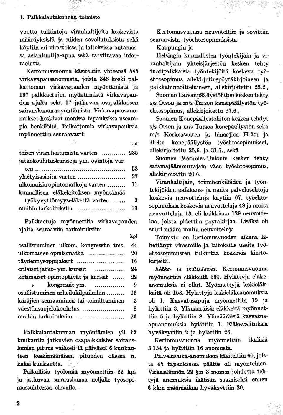 Kertomusvuonna käsiteltiin yhteensä 545 virkavapausanomusta, joista 348 koski palkattoman virkavapauden myöntämistä ja 97 palkkaetujen myöntämistä virkavapauden ajalta sekä 7 jatkuvan osapalkkaisen