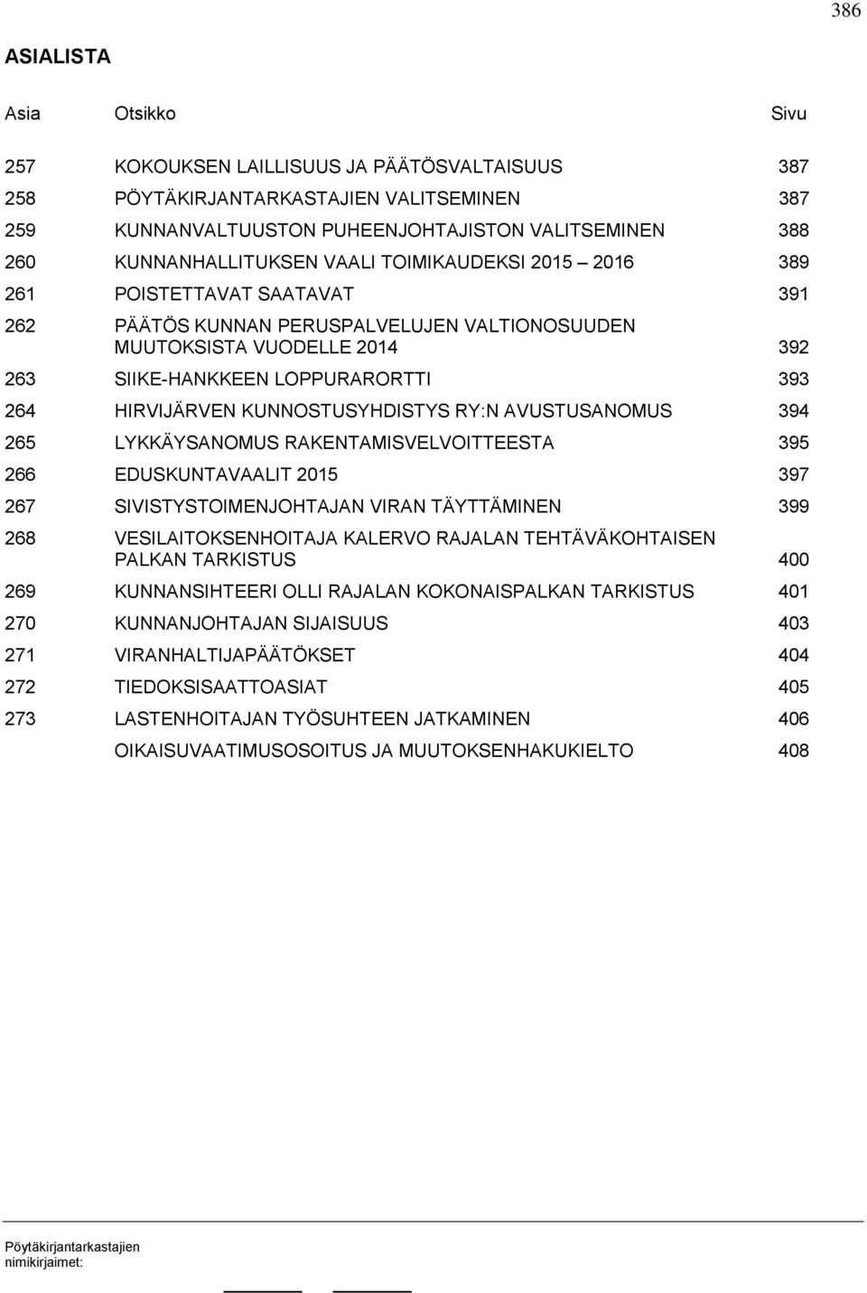 KUNNOSTUSYHDISTYS RY:N AVUSTUSANOMUS 394 265 LYKKÄYSANOMUS RAKENTAMISVELVOITTEESTA 395 266 EDUSKUNTAVAALIT 2015 397 267 SIVISTYSTOIMENJOHTAJAN VIRAN TÄYTTÄMINEN 399 268 VESILAITOKSENHOITAJA KALERVO