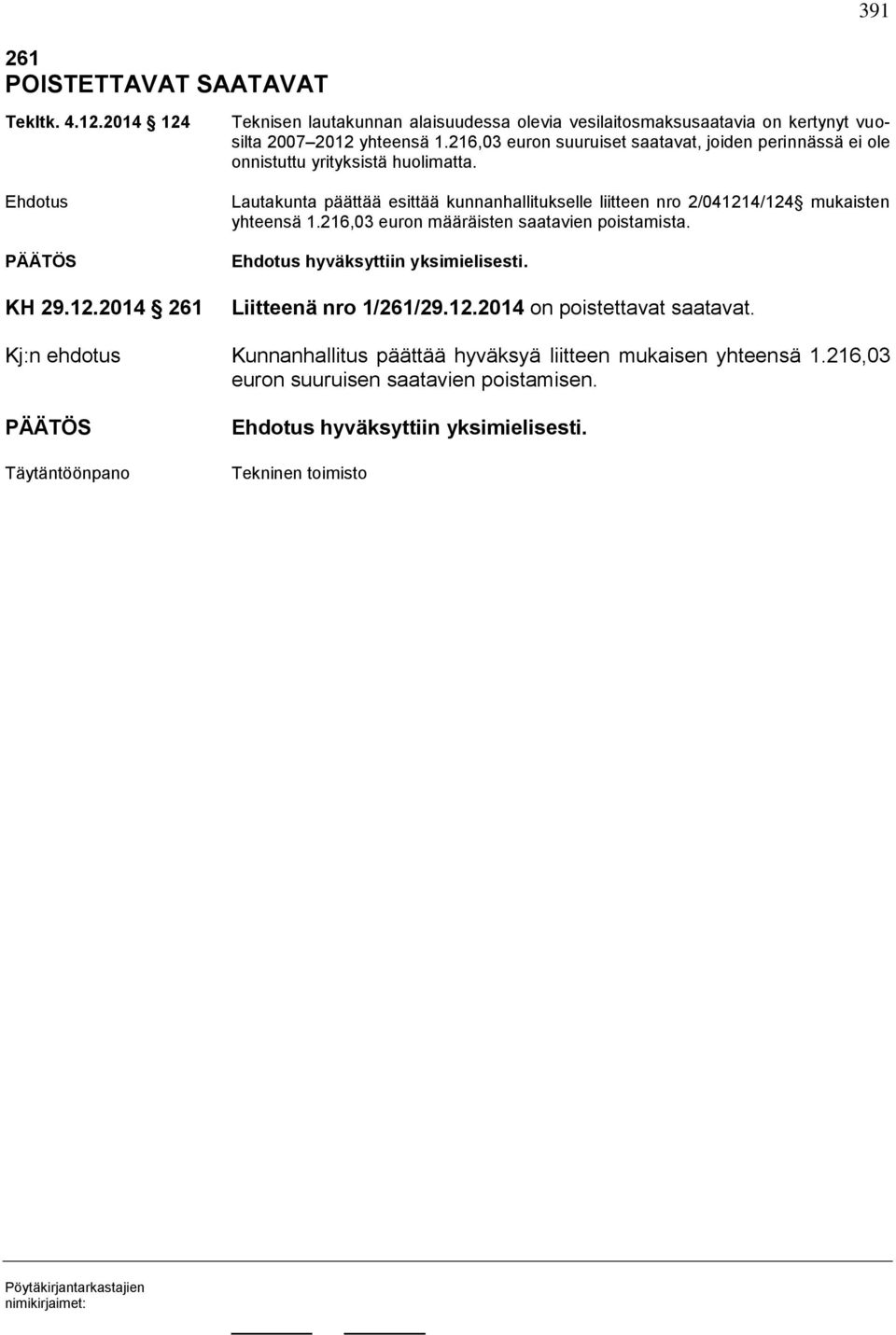 216,03 euron suuruiset saatavat, joiden perinnässä ei ole onnistuttu yrityksistä huolimatta.