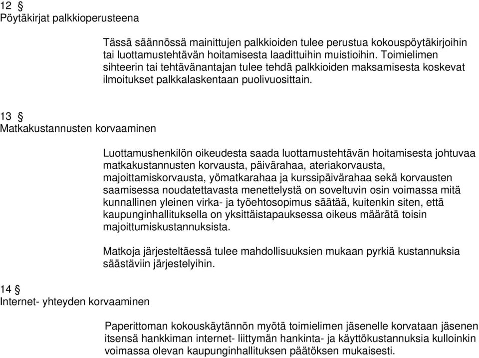 13 Matkakustannusten korvaaminen 14 Internet- yhteyden korvaaminen Luottamushenkilön oikeudesta saada luottamustehtävän hoitamisesta johtuvaa matkakustannusten korvausta, päivärahaa, ateriakorvausta,