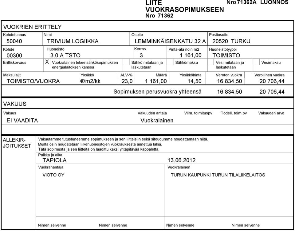 Maksulajit Yksikkö ALV-% Määrä Yksikköhinta Veroton vuokra Verollinen vuokra TOIMISTO/VUOKRA /m2/kk 23,0 1 161,00 14,50 16 834,50 20 706,44 VAKUUS Sopimuksen perusvuokra