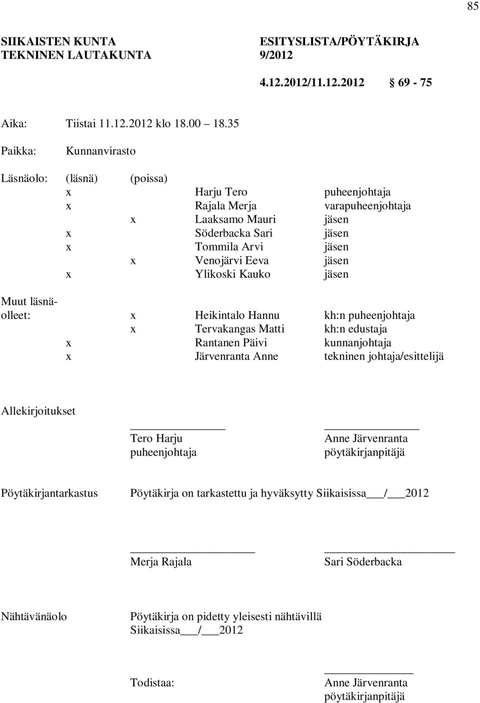 jäsen x Ylikoski Kauko jäsen Muut läsnäolleet: x Heikintalo Hannu kh:n puheenjohtaja x Tervakangas Matti kh:n edustaja x Rantanen Päivi kunnanjohtaja x Järvenranta Anne tekninen johtaja/esittelijä