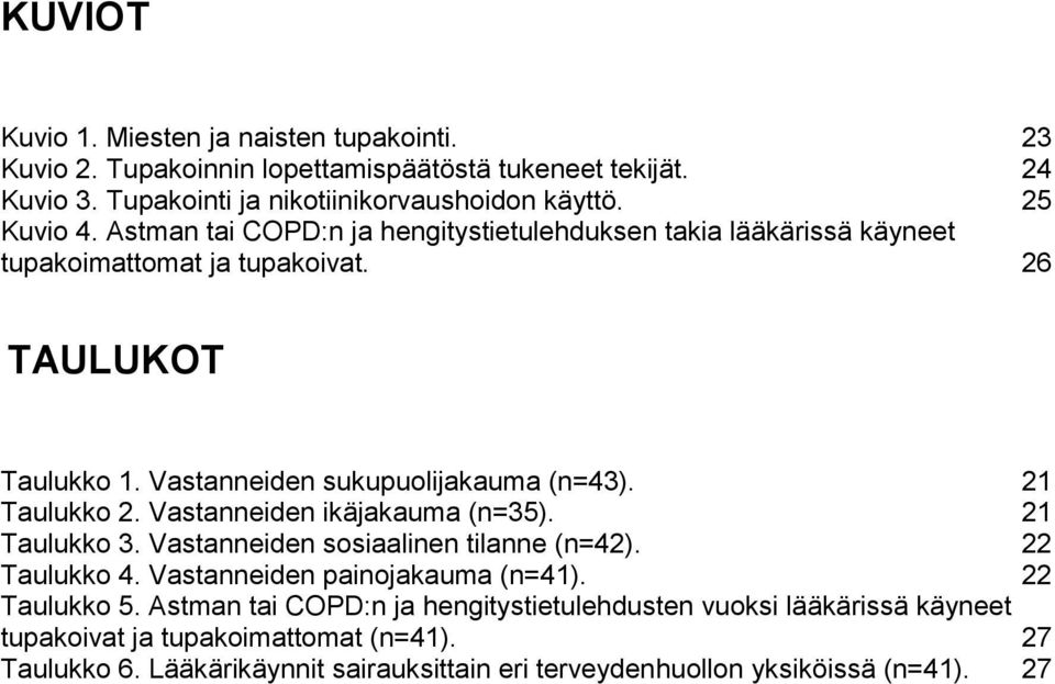 Vastanneiden ikäjakauma (n=35). 21 Taulukko 3. Vastanneiden sosiaalinen tilanne (n=42). 22 Taulukko 4. Vastanneiden painojakauma (n=41). 22 Taulukko 5.
