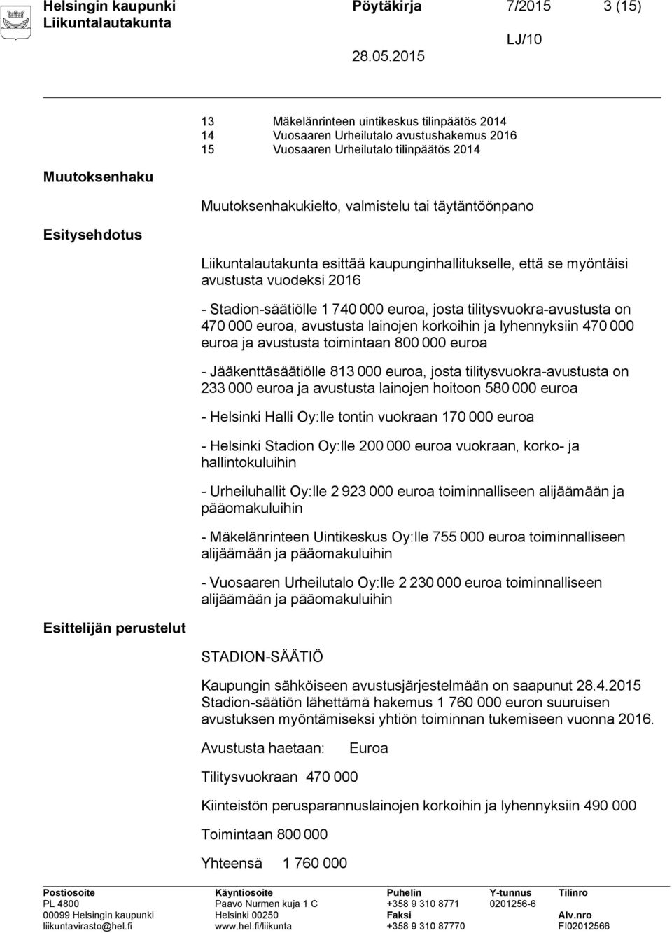 tilitysvuokra-avustusta on 470 000 euroa, avustusta lainojen korkoihin ja lyhennyksiin 470 000 euroa ja avustusta toimintaan 800 000 euroa - Jääkenttäsäätiölle 813 000 euroa, josta