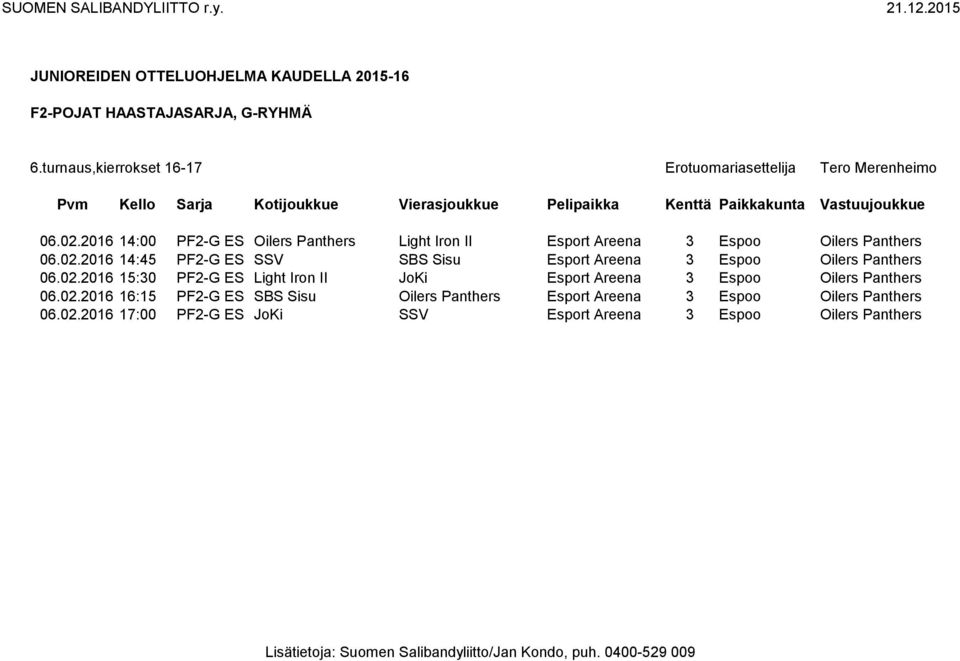 2016 14:45 PF2-G ES SSV SBS Sisu Esport Areena 3 Espoo Oilers Panthers 06.02.