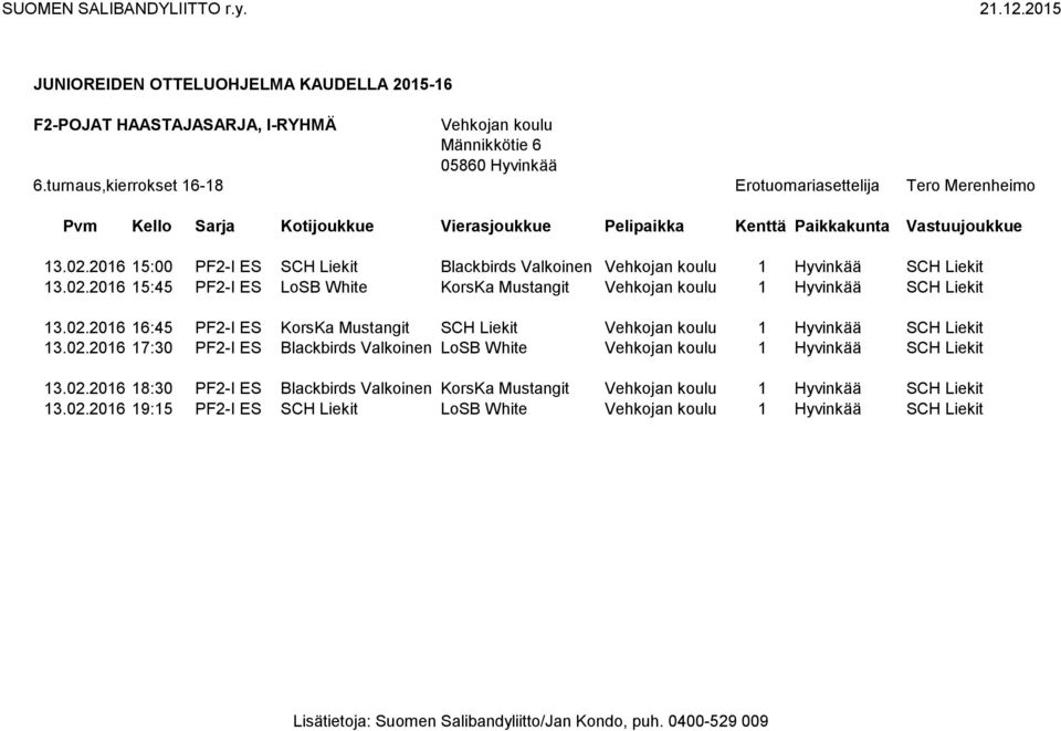 2016 15:45 PF2-I ES LoSB White KorsKa Mustangit Vehkojan koulu 1 Hyvinkää SCH Liekit 13.02.