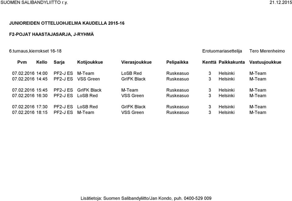 02.2016 17:30 PF2-J ES LoSB Red GrIFK Black Ruskeasuo 3 Helsinki M-Team 07.02.2016 18:15 PF2-J ES M-Team VSS Green Ruskeasuo 3 Helsinki M-Team