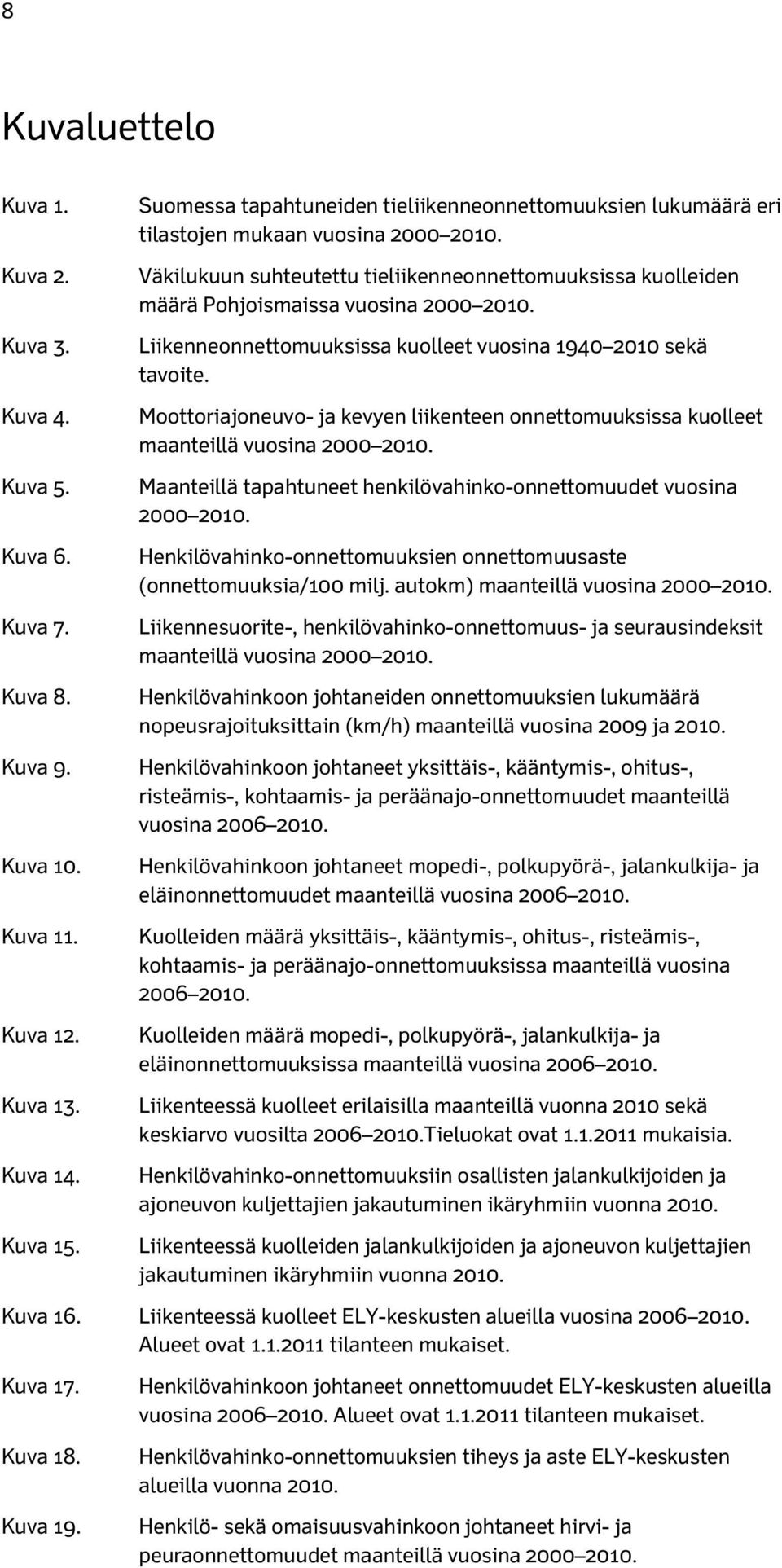 Väkilukuun suhteutettu tieliikenneonnettomuuksissa kuolleiden määrä Pohjoismaissa vuosina 2000 2010. Liikenneonnettomuuksissa kuolleet vuosina 1940 2010 sekä tavoite.