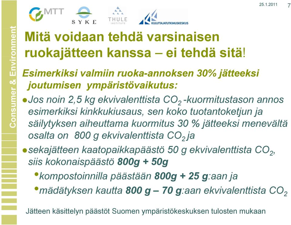 kinkkukiusaus, sen koko tuotantoketjun ja säilytyksen aiheuttama kuormitus 30 % jätteeksi menevältä osalta on 800 g ekvivalenttista CO 2 ja sekajätteen