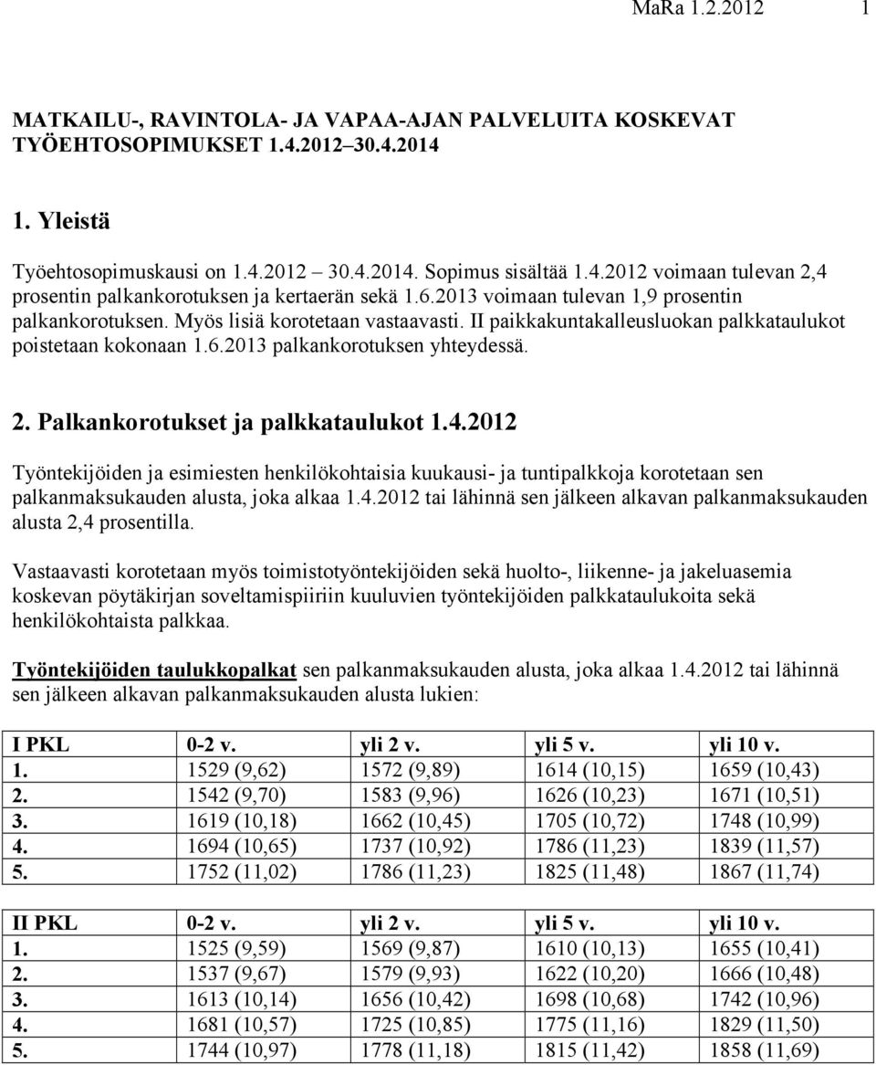 Palkankorotukset ja palkkataulukot 1.4.2012 Työntekijöiden ja esimiesten henkilökohtaisia kuukausi- ja tuntipalkkoja korotetaan sen palkanmaksukauden alusta, joka alkaa 1.4.2012 tai lähinnä sen jälkeen alkavan palkanmaksukauden alusta 2,4 prosentilla.