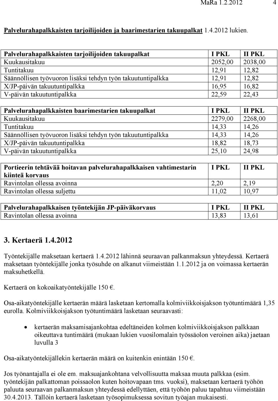 takuutuntipalkka 16,95 16,82 V-päivän takuutuntipalkka 22,59 22,43 Palvelurahapalkkaisten baarimestarien takuupalkat I PKL II PKL Kuukausitakuu 2279,00 2268,00 Tuntitakuu 14,33 14,26 Säännöllisen