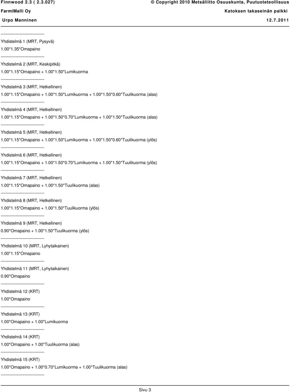 00*1.50*0.60*Tuulikuorma (ylös) Yhdistelmä 6 (MRT, Hetkellinen) 1.00*1.15*Omapaino + 1.00*1.50*0.70*Lumikuorma + 1.00*1.50*Tuulikuorma (ylös) Yhdistelmä 7 (MRT, Hetkellinen) 1.00*1.15*Omapaino + 1.00*1.50*Tuulikuorma (alas) Yhdistelmä 8 (MRT, Hetkellinen) 1.