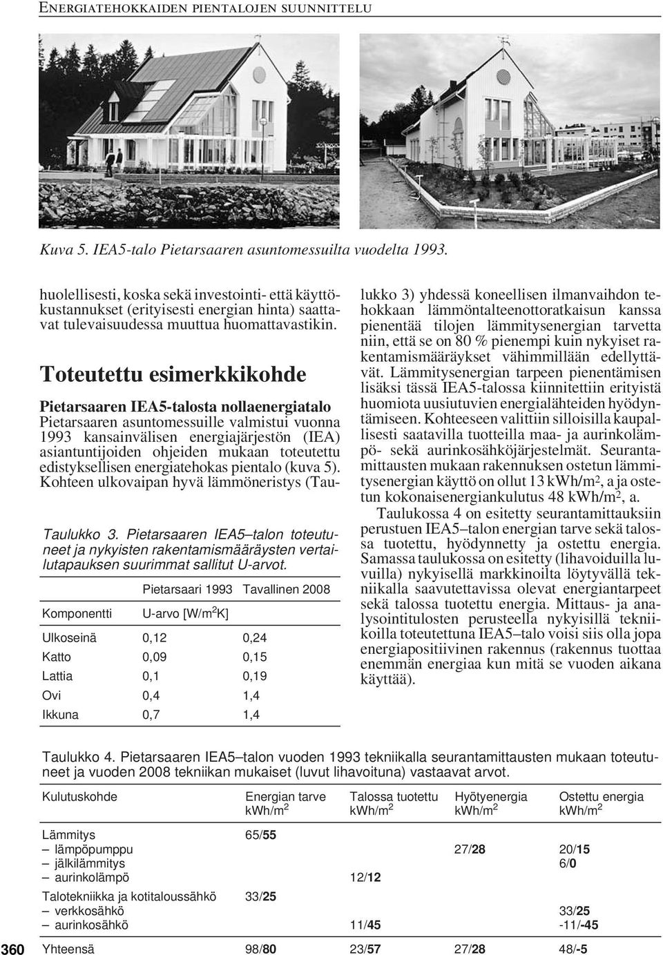 Pietarsaaren IEA5 talon toteutuneet ja nykyisten rakentamismääräysten vertailutapauksen suurimmat sallitut U-arvot.