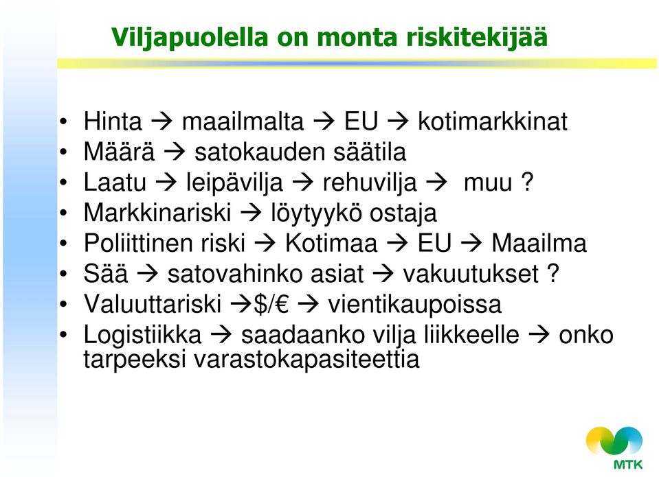 Markkinariski löytyykö ostaja Poliittinen riski Kotimaa EU Maailma Sää satovahinko
