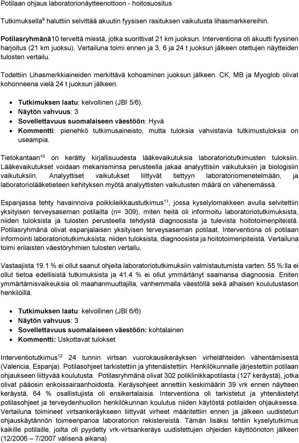 Todettiin Lihasmerkkiaineiden merkittävä kohoaminen juoksun jälkeen. CK, MB ja Myoglob olivat kohonneena vielä 24 t juoksun jälkeen. Tutkimuksen laatu: kelvollinen (JBI 5/6).