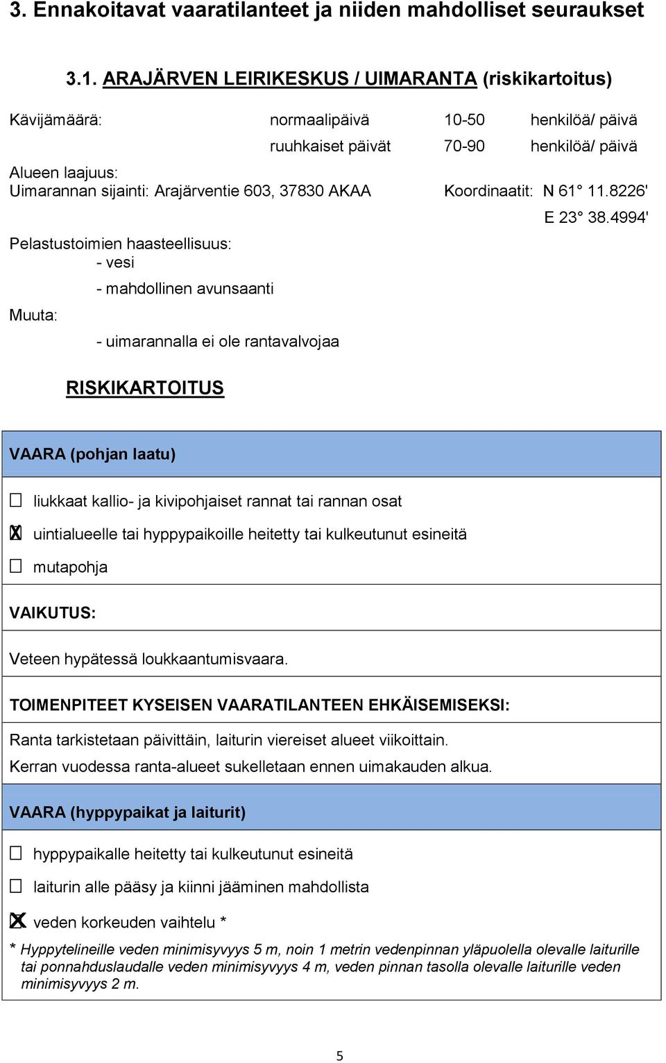 vesi Muuta: - mahdollinen avunsaanti - uimarannalla ei ole rantavalvojaa RISKIKARTOITUS ruuhkaiset päivät 70-90 henkilöä/ päivä Koordinaatit: N 61 11.8226' E 23 38.