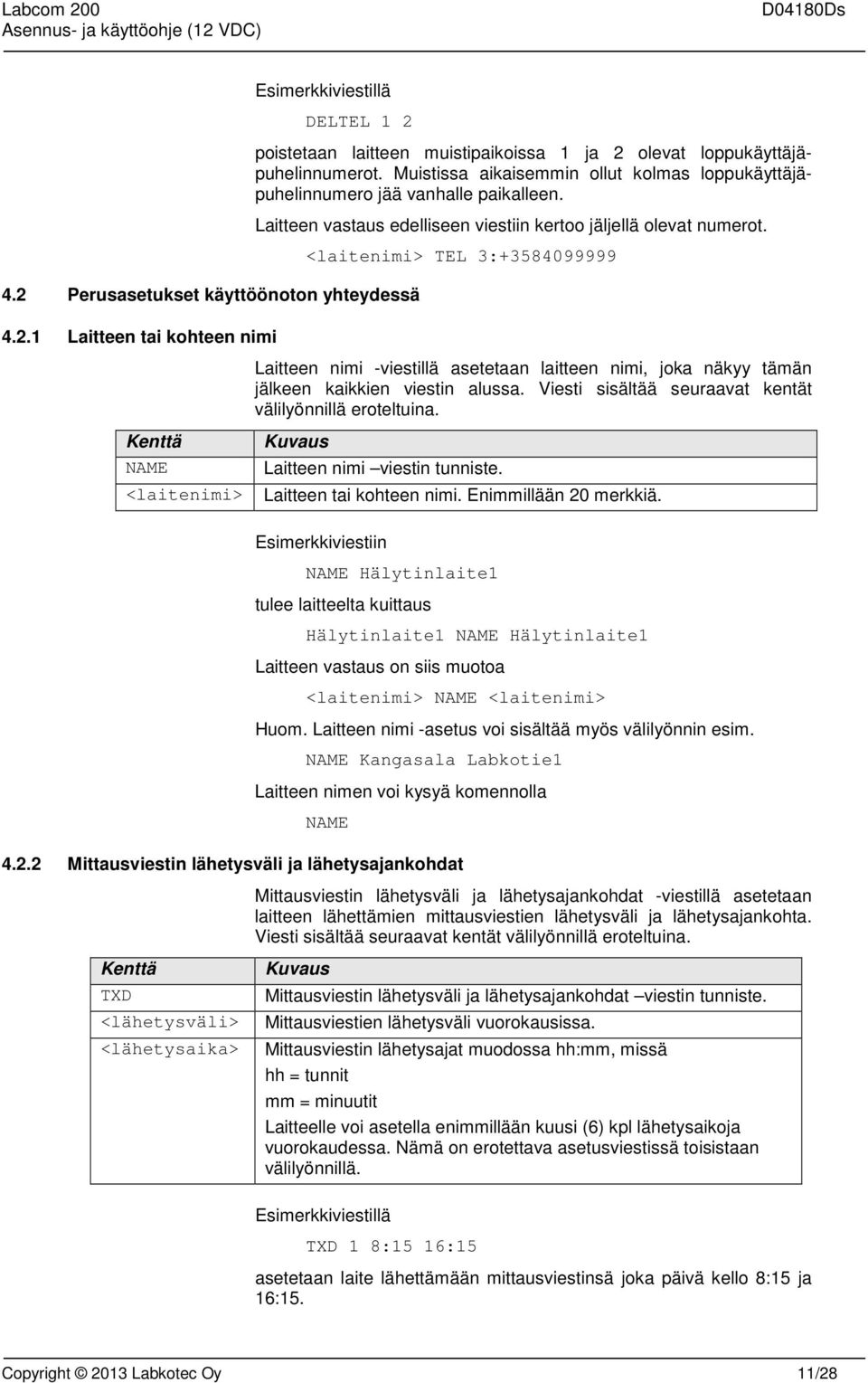 <laitenimi> TEL 3:+3584099999 Laitteen nimi -viestillä asetetaan laitteen nimi, joka näkyy tämän jälkeen kaikkien viestin alussa. Viesti sisältää seuraavat kentät välilyönnillä eroteltuina.