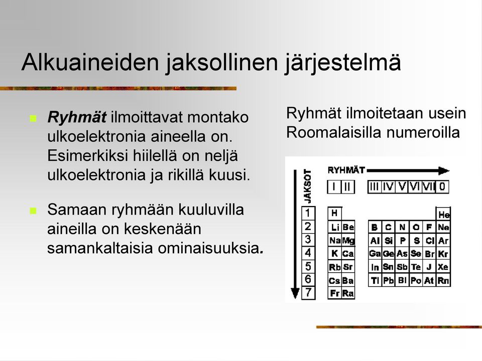 Esimerkiksi hiilellä on neljä ulkoelektronia ja rikillä kuusi.