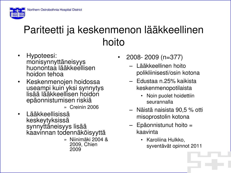 todennäköisyyttä» Niinimäki 2004 & 2009, Chien 2009 2008-2009 (n=377) Lääkkeellinen hoito polikliinisesti/osin kotona Edustaa n.