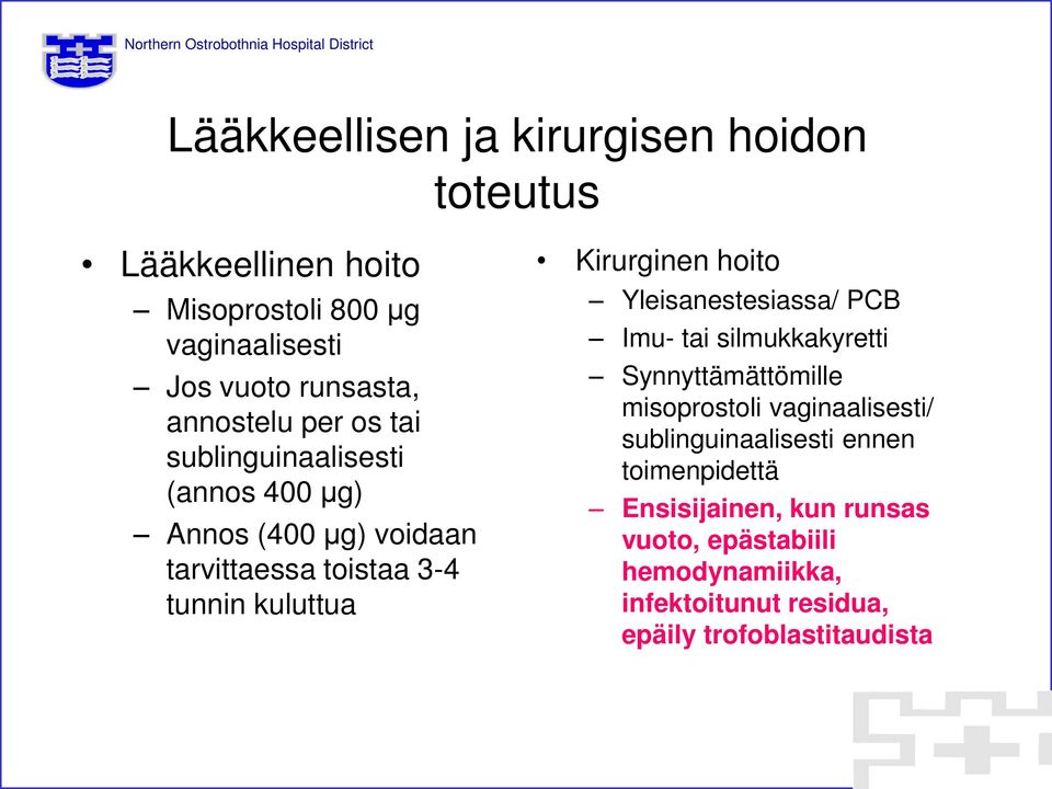 Kirurginen hoito Yleisanestesiassa/ PCB Imu- tai silmukkakyretti Synnyttämättömille misoprostoli vaginaalisesti/