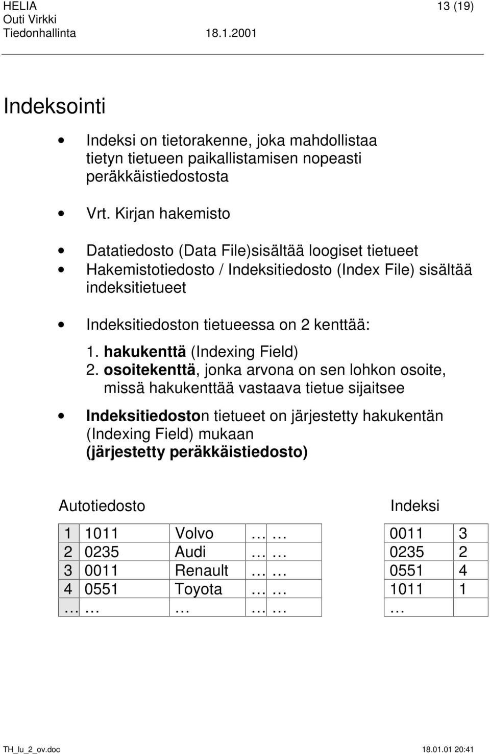 tietueessa on 2 kenttää: 1. hakukenttä (Indexing Field) 2.