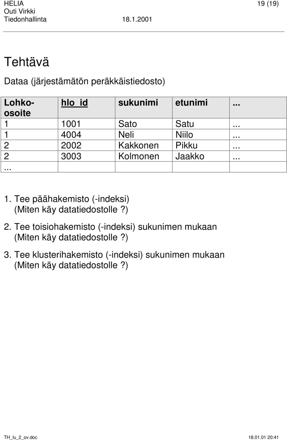 ) 2. Tee toisiohakemisto (-indeksi) sukunimen mukaan (Miten käy datatiedostolle?) 3.