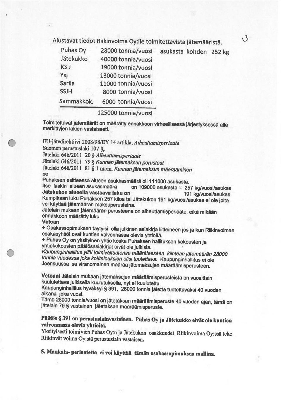 Yksityisesti toimivien Puhas Oy:n ja Jätekukon osakkuudet Riikinvoinia Oy:ssä teke Päätös 391 on perustuslainvastainen. Puhas Oy ja Jätekukko eivät ole kuntien valvonnassa olevia yhtiöitä.