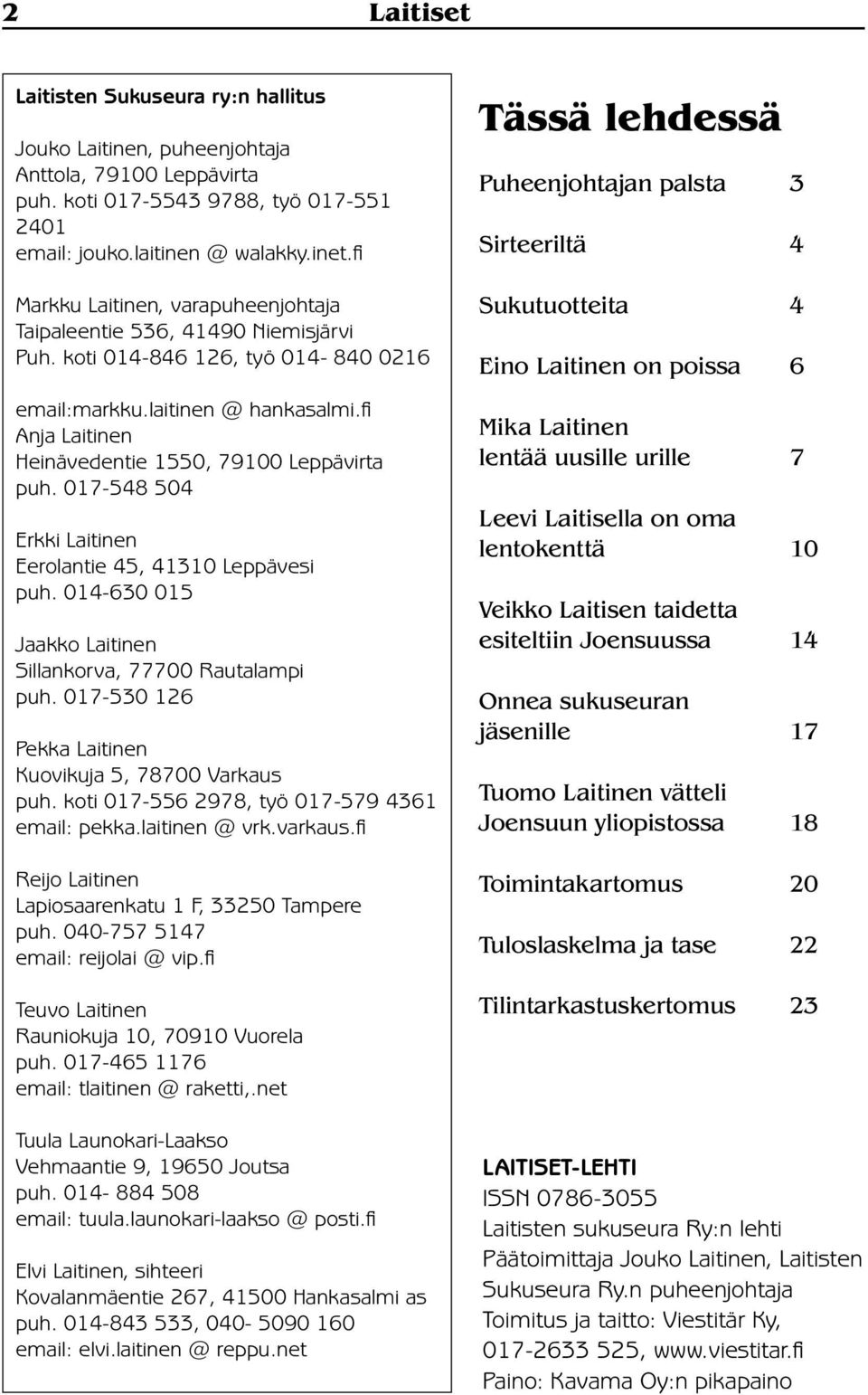 fi Anja Laitinen Heinävedentie 1550, 79100 Leppävirta puh. 017-548 504 Erkki Laitinen Eerolantie 45, 41310 Leppävesi puh. 014-630 015 Jaakko Laitinen Sillankorva, 77700 Rautalampi puh.