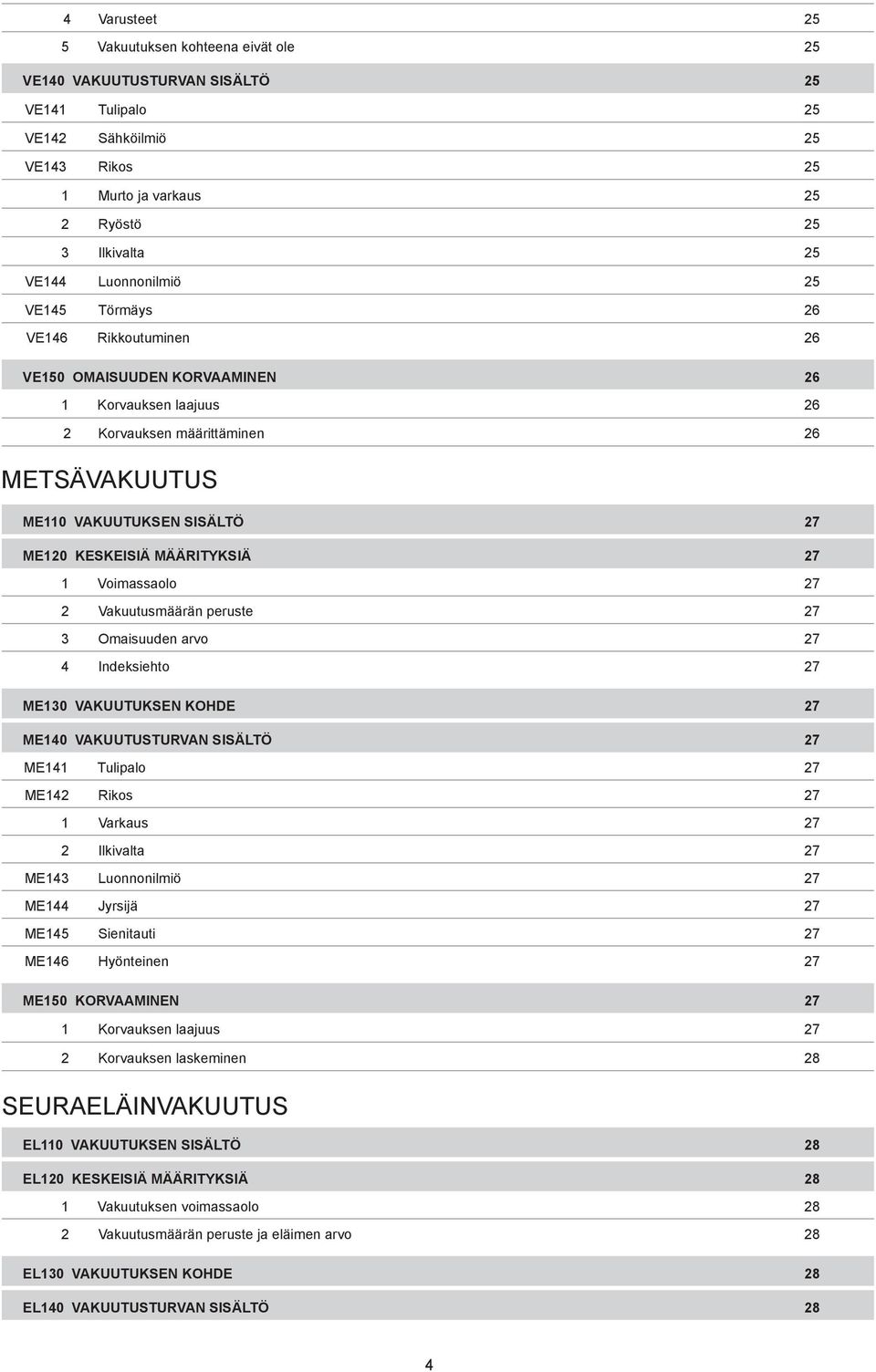 KESKEISIÄ MÄÄRITYKSIÄ 27 1 Voimassaolo 27 2 Vakuutusmäärän peruste 27 3 Omaisuuden arvo 27 4 Indeksiehto 27 ME130 VAKUUTUKSEN KOHDE 27 ME140 VAKUUTUSTURVAN SISÄLTÖ 27 ME141 Tulipalo 27 ME142 Rikos 27