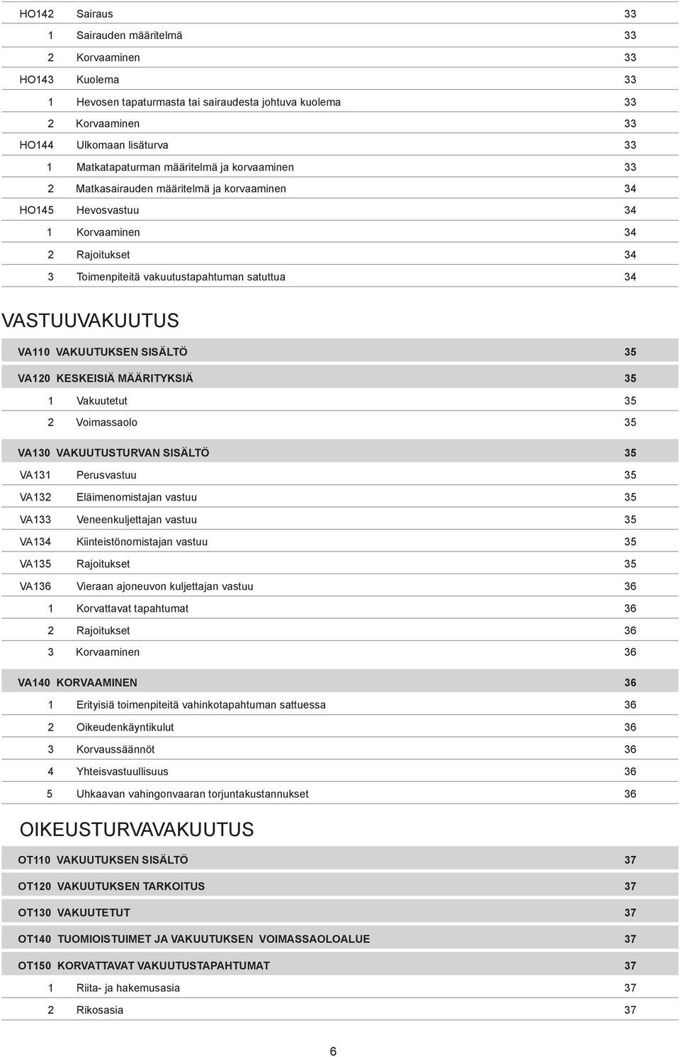 VAKUUTUKSEN SISÄLTÖ 35 VA120 KESKEISIÄ MÄÄRITYKSIÄ 35 1 Vakuutetut 35 2 Voimassaolo 35 VA130 VAKUUTUSTURVAN SISÄLTÖ 35 VA131 Perusvastuu 35 VA132 Eläimenomistajan vastuu 35 VA133 Veneenkuljettajan