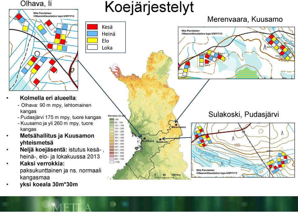 ja yli 260 m mpy, tuore kangas Metsähallitus ja Kuusamon yhteismetsä Neljä koejäsentä: istutus kesä-, heinä-, elo- ja lokakuussa 2013