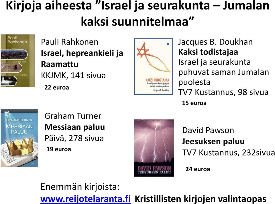 Doukhan Kaksi todistajaa Israel ja seurakunta puhuvat saman Jumalan puolesta TV7 Kustannus, 98 sivua 15 euroa