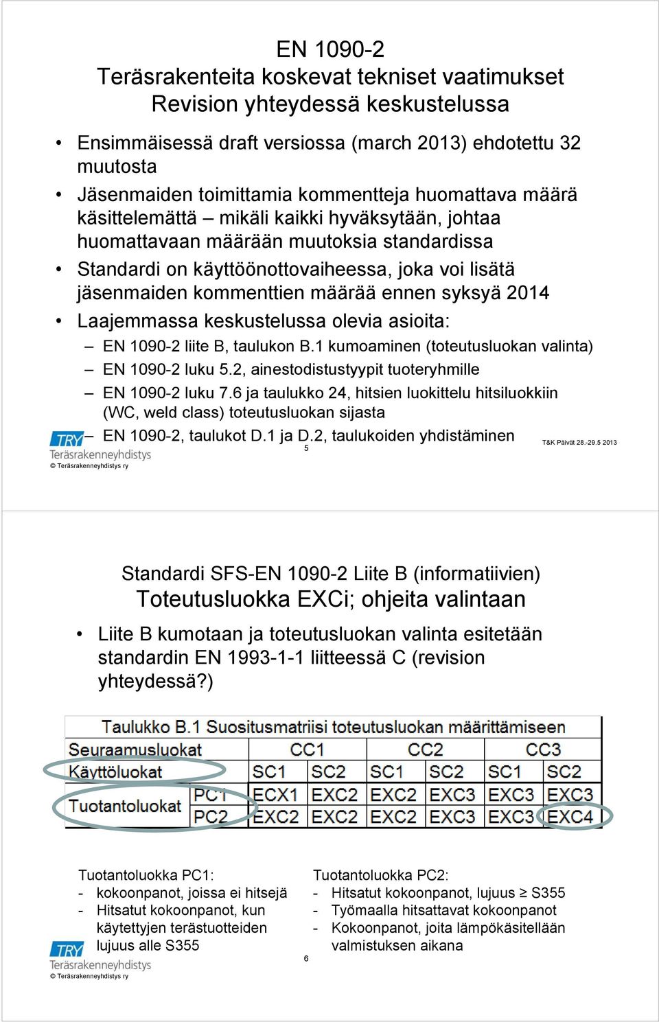 syksyä 2014 Laajemmassa keskustelussa olevia asioita: EN 1090-2 liite B, taulukon B.1 kumoaminen (toteutusluokan valinta) EN 1090-2 luku 5.2, ainestodistustyypit tuoteryhmille EN 1090-2 luku 7.