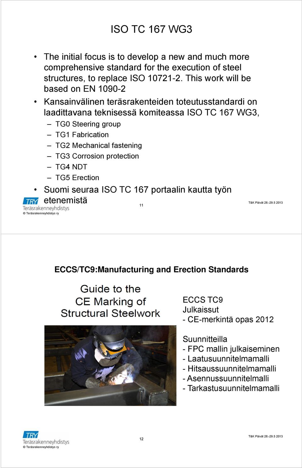 Fabrication TG2 Mechanical fastening TG3 Corrosion protection TG4 NDT TG5 Erection Suomi seuraa ISO TC 167 portaalin kautta työn etenemistä 11 ECCS/TC9:Manufacturing and